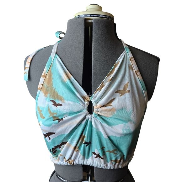 Vintage 70s Halter Top Bird Print Turquoise & Beige M Festival Hippie Stevie - Picture 2 of 5